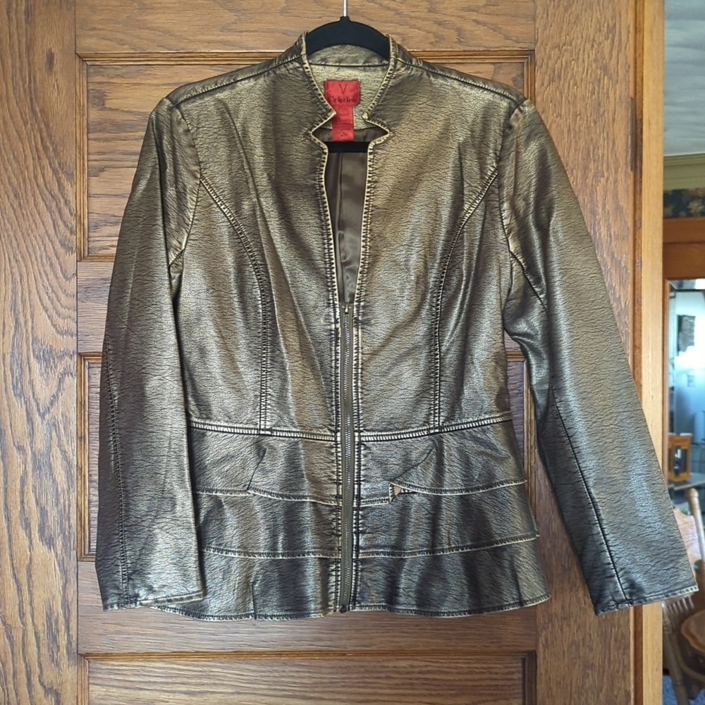 V Christina Faux Leather Peplum Moto Jacket Gold Size Women's Small